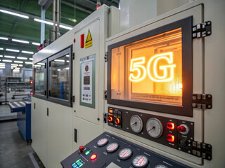 5G module glowing inside advanced smart factory control room, modern industrial automation, secure network, high technology, innovation, efficient production