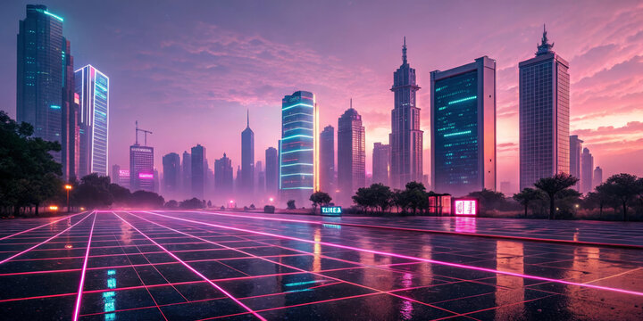 Retro futuristic skyline with synthwave colors neon lights glowing grid tall skyscraper cityscape vibrant sunset reflective surface digital art urban landscape dreamy atmosphere - Powered by Adobe