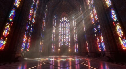Obraz premium Stunning cathedral interior bathed in vibrant light streaming through ornate stained glass windows