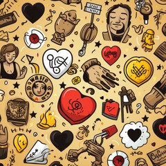 A whimsical collage of friendship and love symbols featuring hearts, hugs, and crossed fingers