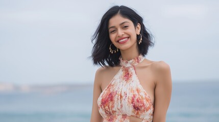 pretty Asian Indian woman in sexy summer dress at ocean beach