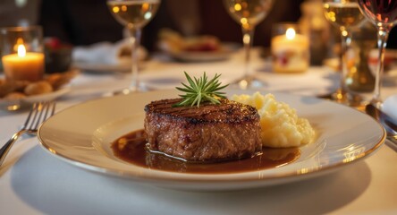 Elegant steak dinner setting with mashed potatoes and candlelight