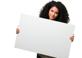 Young woman with curly hair holding a blank white sign isolated on transparent background