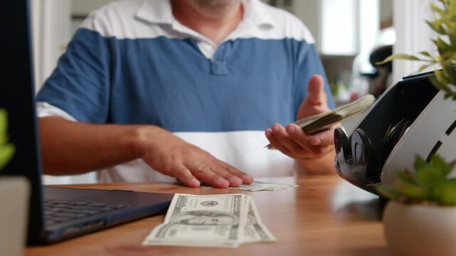 Male Fingers Counting Money Quietly In Private Room Symbolizing Laundered Funds, Crime Proceeds, Suspicious Deals, Tax Evasion, Offshore Capital And Hidden Profits From Black Market Activities.