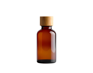 An empty 10ml essential oil diffuser blank amber bottle isolated on a transparent background.