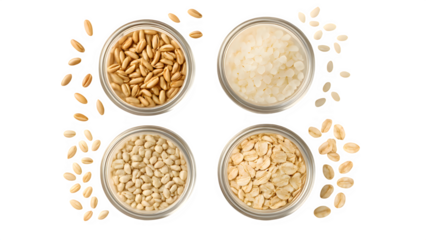 Overhead Flat Lay of Assorted Grains in Glass Jars on Transparent Background