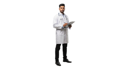 Young Professional Male Doctor Holding Clipboard and Stethoscope on White Background