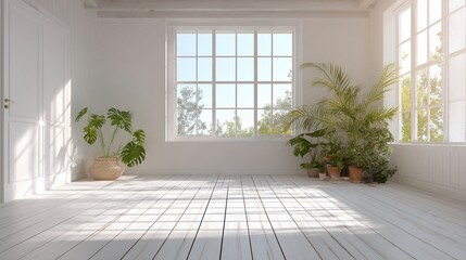 Bright airy room with plants, white plank floor, and large windows