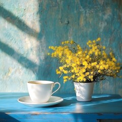 Photo White coffee cup and potted yellow flowers on blue table saucer
