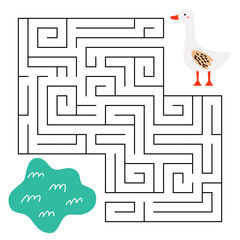 Farm maze game for kids. Cute goose looking for a way to the chicken. Printable worksheet with solution for school and preschool. Vector cartoon illustration.