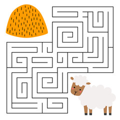 Farm maze game for kids. Cute sheep looking for a way to the hay. Printable worksheet with solution for school and preschool. Vector cartoon illustration.
