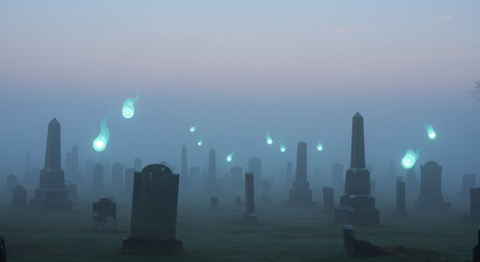 Ethereal Glow Spectral Lights Dance in a Foggy Cemetery