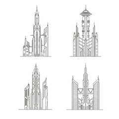 Fototapeta premium Four abstract architectural building sketches isolated on white background
