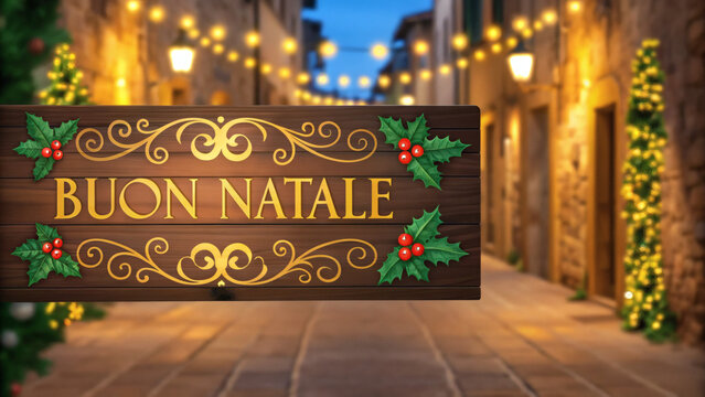 Buon natale wooden sign with holly and golden ornaments design - Powered by Adobe