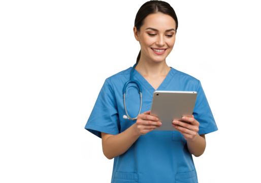 Smiling female doctor wearing blue scrubs and stethoscope holding a tablet computer isolated on transparent background