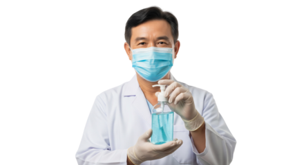 Asian Healthcare Professional in Mask and Gloves Holding Hand Sanitizer for Hygiene and Protection