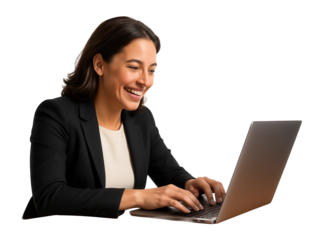 Happy woman smiling while typing on a laptop at a desk.