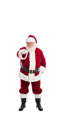 PNG cut out isolated background. A full-length portrait of a friendly Santa Claus standing and pointing directly at the viewer.