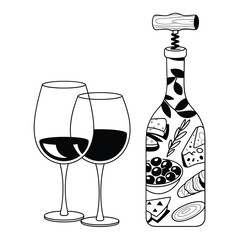 Hand drawn illustration of a wine bottle with cheese and grapes and two glasses of red wine