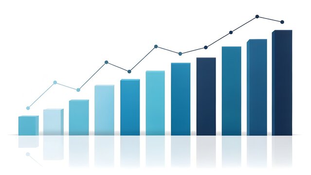 Increasing blue bar graph with upward-trending line overlay – Business performance growth, finance, abstract, data visualization, success, analytics, strategy