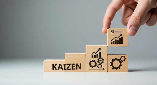 Achieve business growth and efficiency with Kaizen continuous improvement symbolized by climbing blocks. - Powered by Adobe