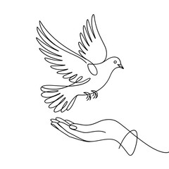 One line drawing of a dove flying from an open hand