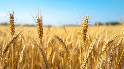 Fototapeta premium Golden wheat field under a clear sky.
