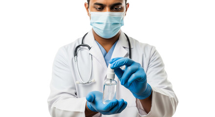 Healthcare Professional with Mask and Gloves Demonstrating Hand Sanitizer for Germ Prevention and Public Health Safety
