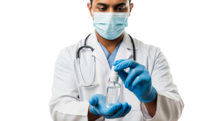 Healthcare Professional with Mask and Gloves Demonstrating Hand Sanitizer for Germ Prevention and Public Health Safety