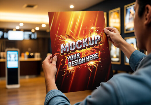 Flyer Movie Poster Mockup Held by Viewer in Cinema Lobby