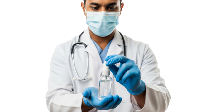 Healthcare Professional with Mask and Gloves Demonstrating Hand Sanitizer for Germ Prevention and Public Health Safety