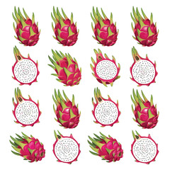 Collection of whole and sliced dragon fruits with vibrant pink skin and white flesh