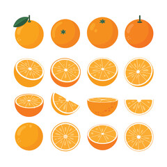 Collection of whole and sliced oranges on a white background