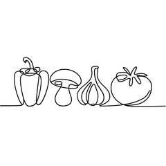Continuous line drawing of bell pepper mushroom garlic and tomato