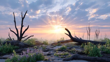 Sun is setting in the sky over a field of dead trees.