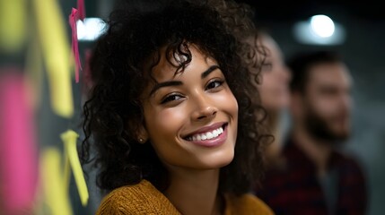 Fototapeta premium Smiling woman in a startup team brainstorming in an office setting