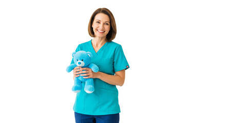 Smiling Compassionate Healthcare Professional in Scrubs Holding Blue Teddy Bear