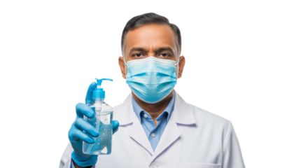 Medical Professional in Mask and Gloves Offers Hand Sanitizer for Hygiene and Virus Protection