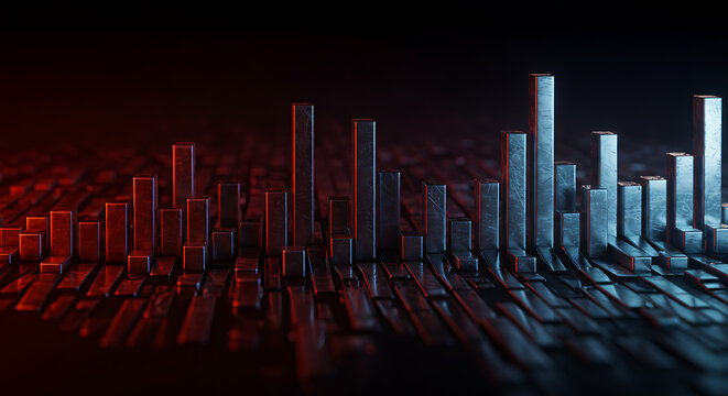 Futuristic 3D bar chart with glowing red and blue lights representing big data visualization and financial analytics