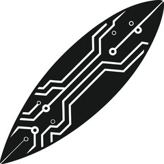 Black silhouette of a surfboard with circuit board pattern isolated on white background
