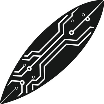 Black silhouette of a surfboard with circuit board pattern isolated on white background