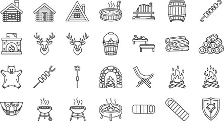 Rustic Camping Icon Set – Cabins, Fireplaces, Barrels, Campfires, Sleeping Bags, Grills, Outdoor Living, Nature Retreat, Adventure Symbols