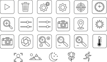 User Interface Icon Set – Play, Trash, Gear, Search, Camera, Location, Clock, Sliders, Zoom, Settings, Navigation Symbols