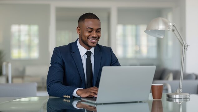 Successful businessman working with laptop at modern office desk, smiling with coffee nearby