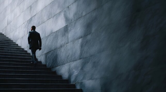 Businessman climbing stairs against a minimalist architectural backdrop - Powered by Adobe