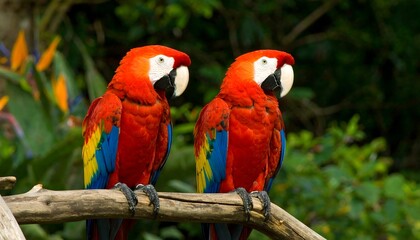 Fototapeta premium Two vibrant macaws perched on a weathered branch, showcasing their striking red plumage and colorful accents against a lush, green backdrop.