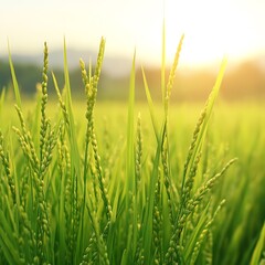 Obraz premium Ripe green rice ears in a sunlit field close-up view agriculture photo