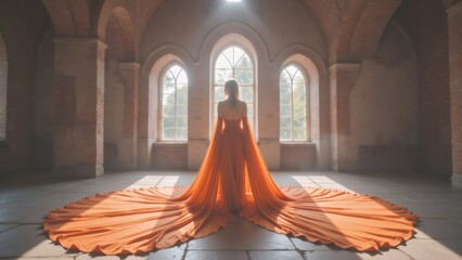 Woman in flowing orange gown stands before arched windows in a historic hall