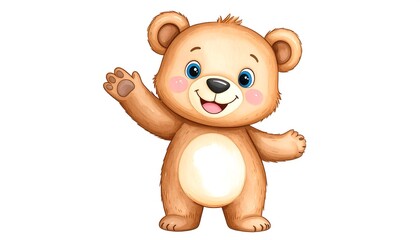 Obraz premium A cheerful, cartoon bear character with a friendly expression, depicted against a plain white background, stands out with its inviting smile and raised paw, creating a warm and playful mood.
