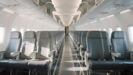Spacious empty airplane aisle highlighting modern, clean cabin interior.